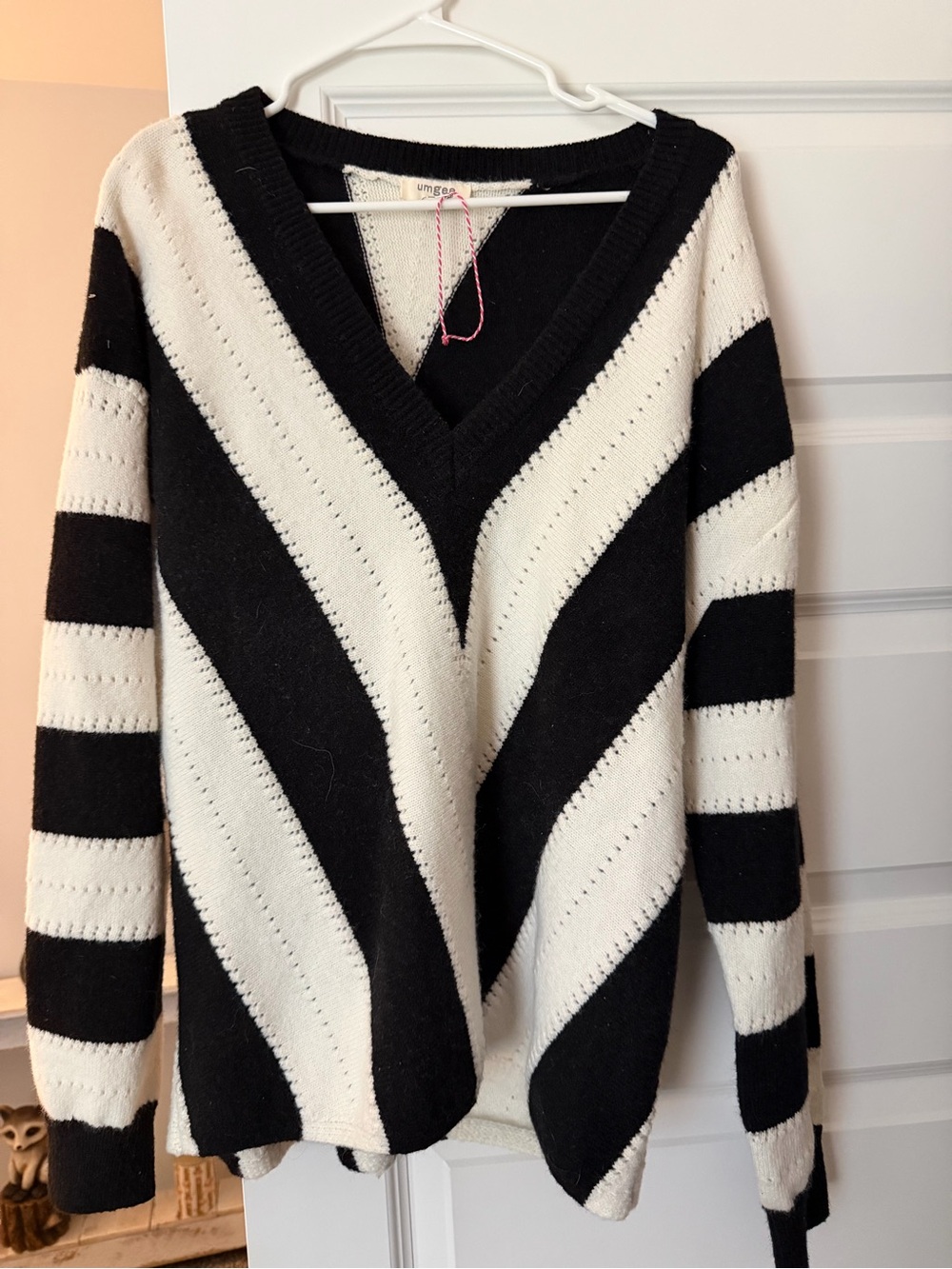 Umgee Black and White V-Neck Striped Sweater